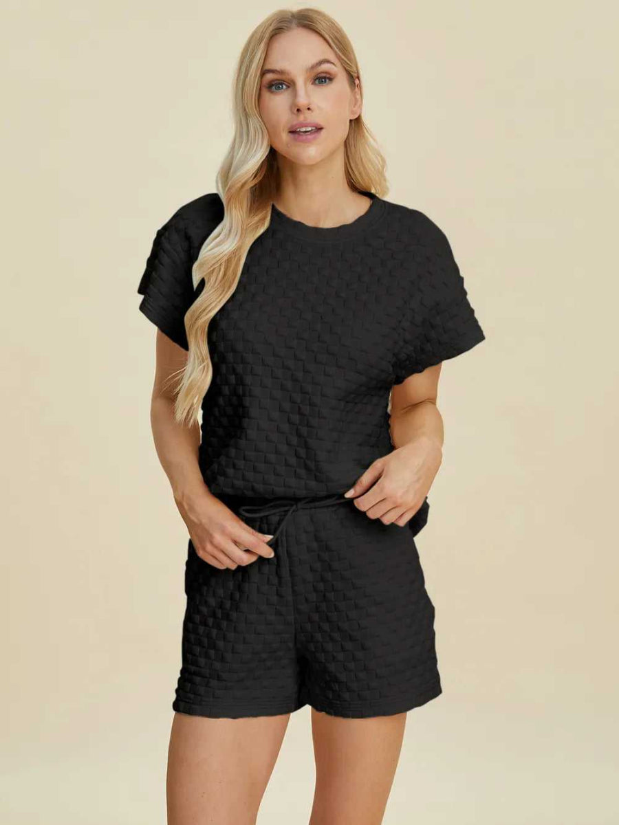 Double Take Full Size Texture T-Shirt and Shorts Set - Hopeford Streams