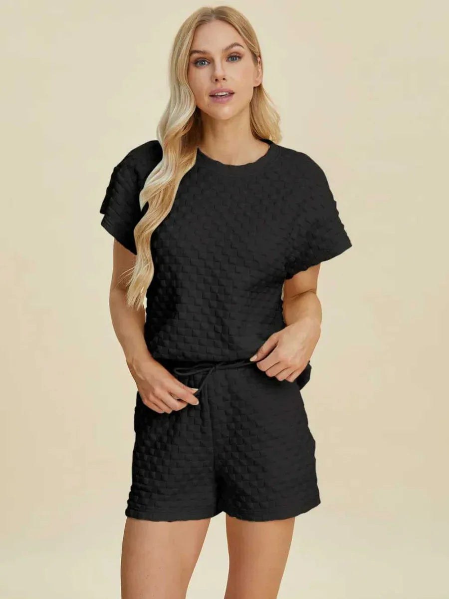 Double Take Full Size Texture T-Shirt and Shorts Set -- 