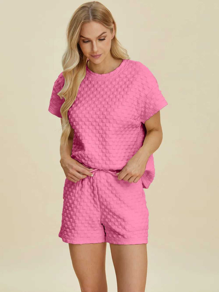 Double Take Full Size Texture T-Shirt and Shorts Set - Hopeford Streams