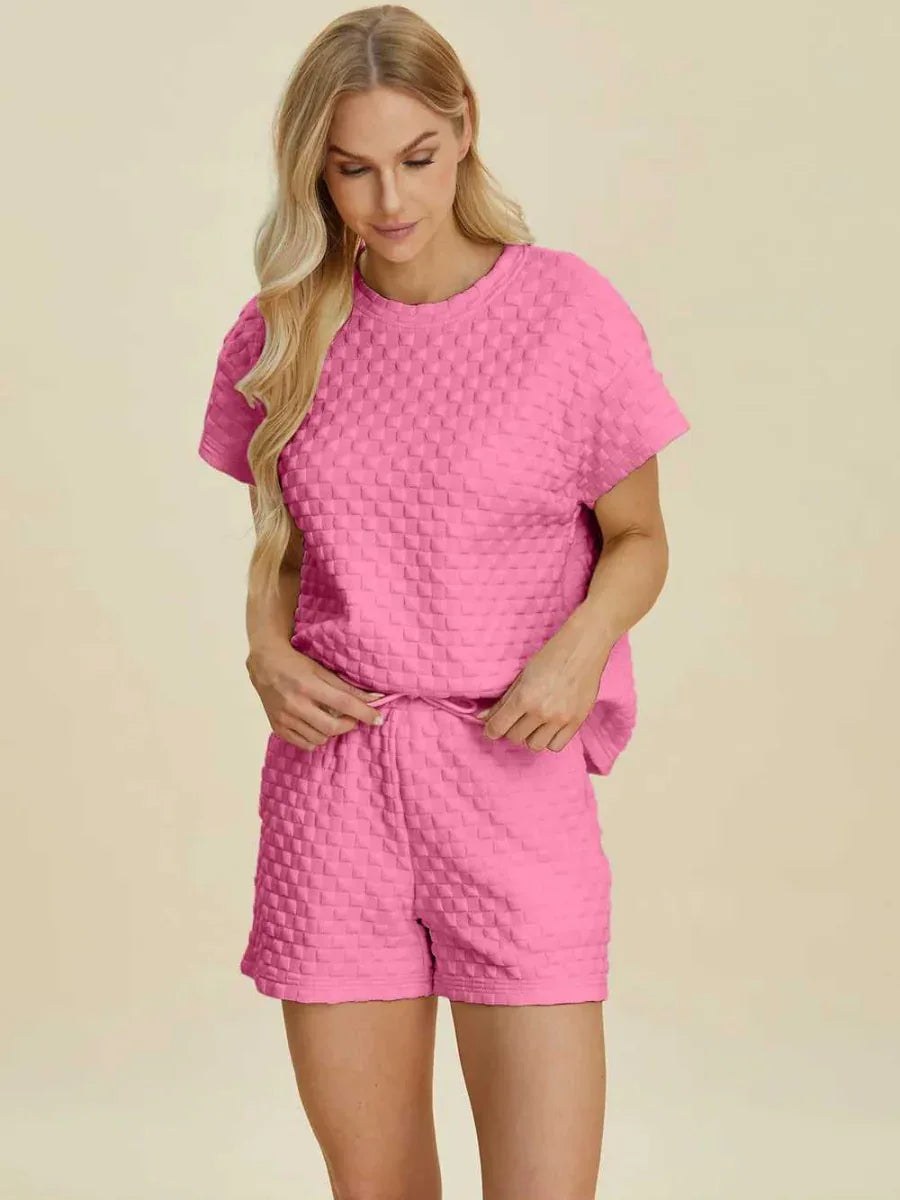 Double Take Full Size Texture T-Shirt and Shorts Set -- 