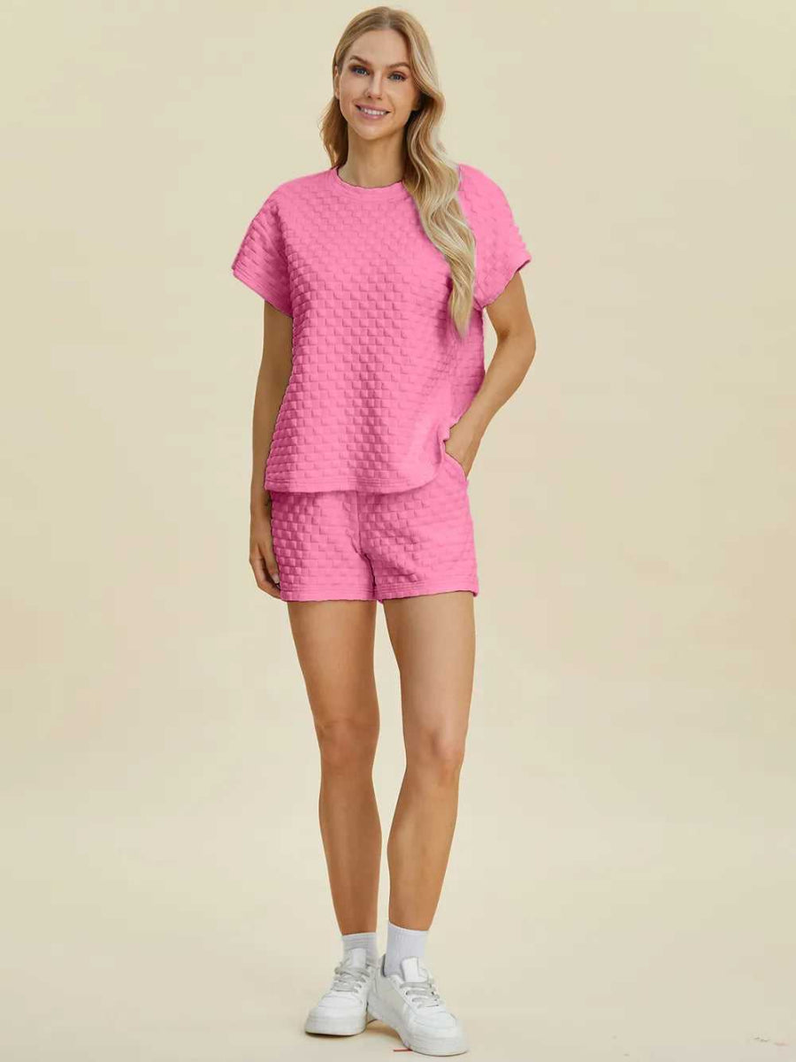 Double Take Full Size Texture T-Shirt and Shorts Set - Hopeford Streams