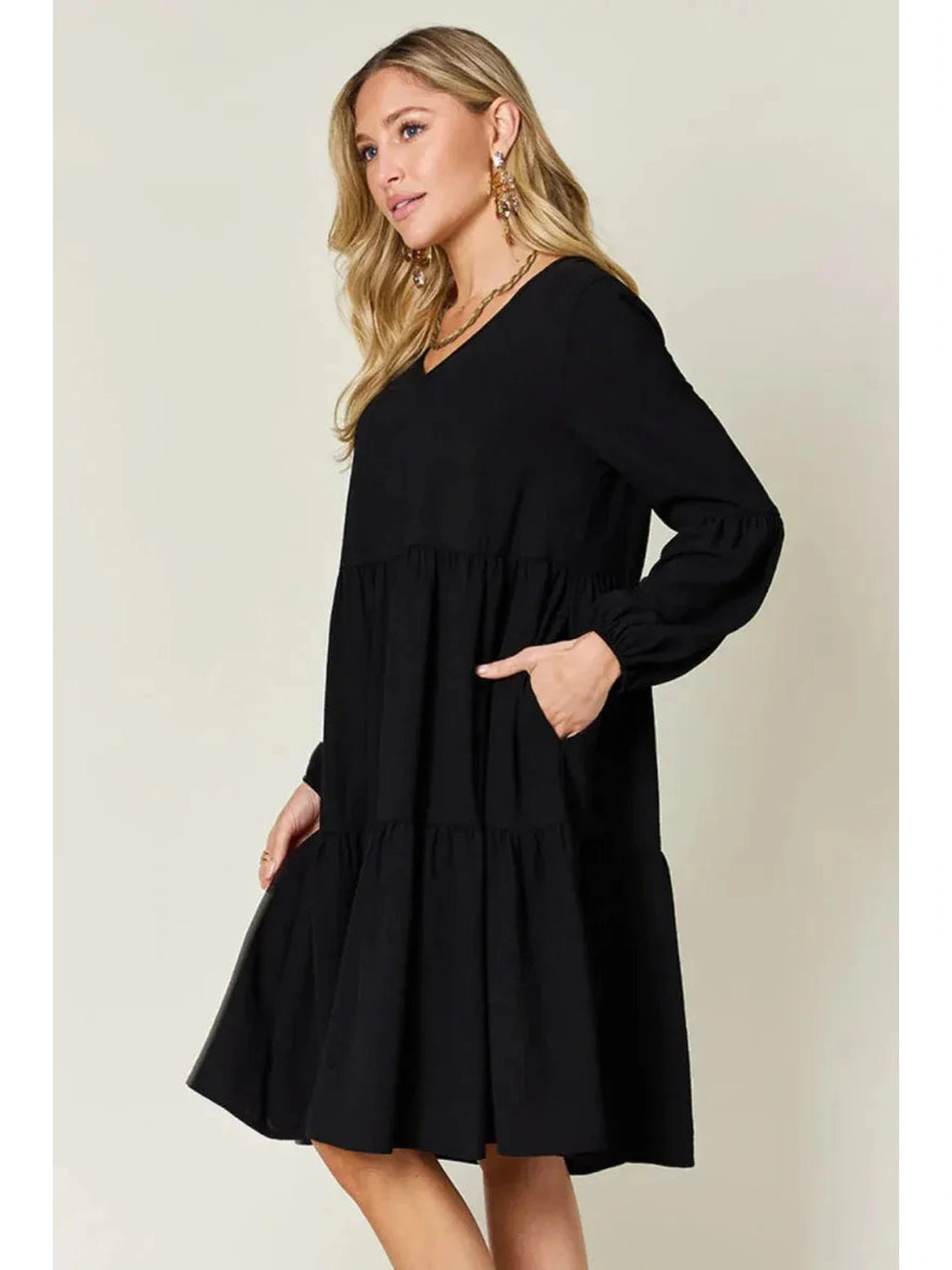 Double Take Full Size V-Neck Balloon Sleeve Tiered Dress with Pockets -- 