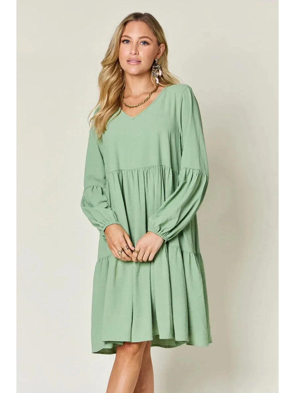 Double Take Full Size V-Neck Balloon Sleeve Tiered Dress with Pockets -- 