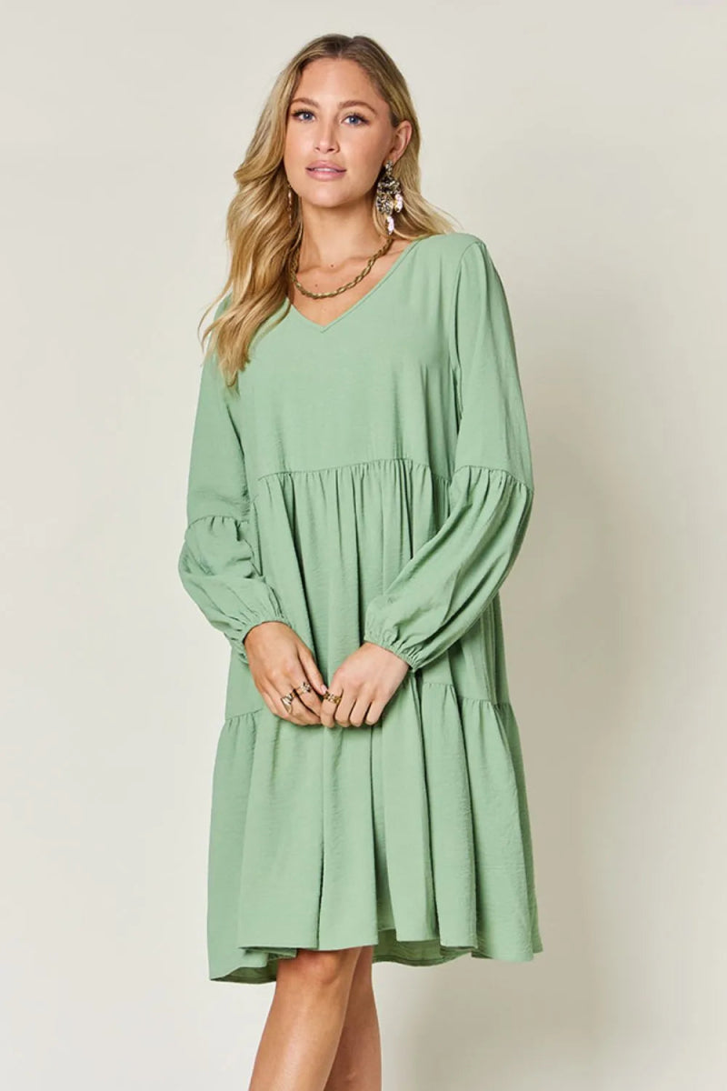 Double Take Full Size V - Neck Balloon Sleeve Tiered Dress with Pockets - Hopeford Streams
