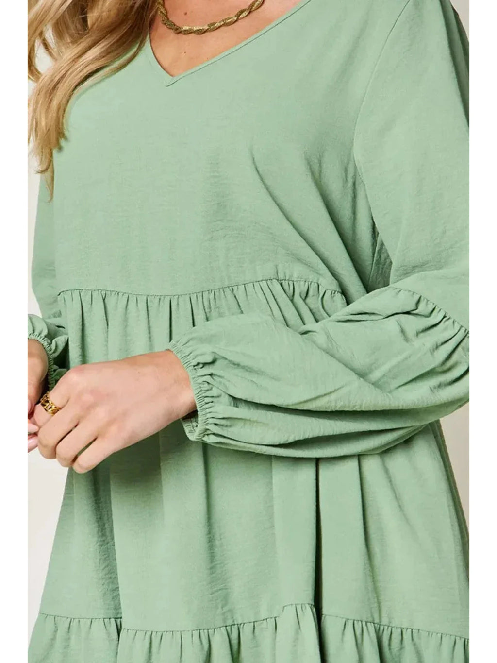 Double Take Full Size V-Neck Balloon Sleeve Tiered Dress with Pockets -- 