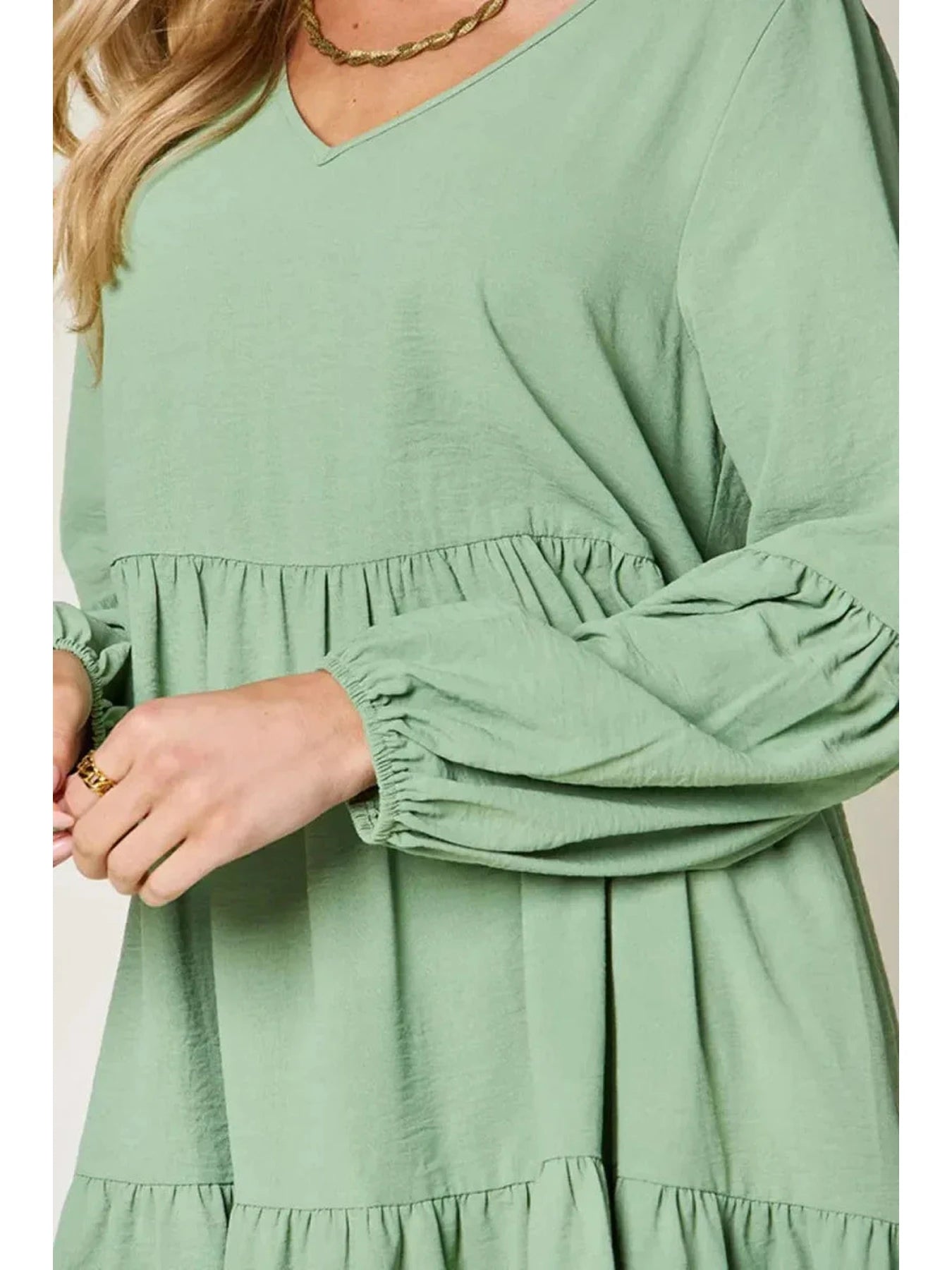 Double Take Full Size V-Neck Balloon Sleeve Tiered Dress with Pockets -- 