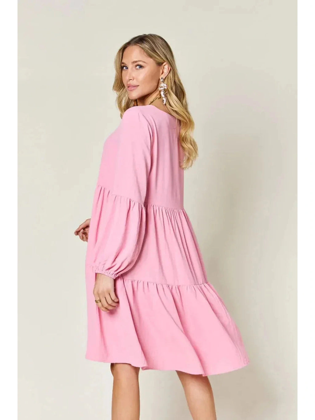 Double Take Full Size V-Neck Balloon Sleeve Tiered Dress with Pockets -- 