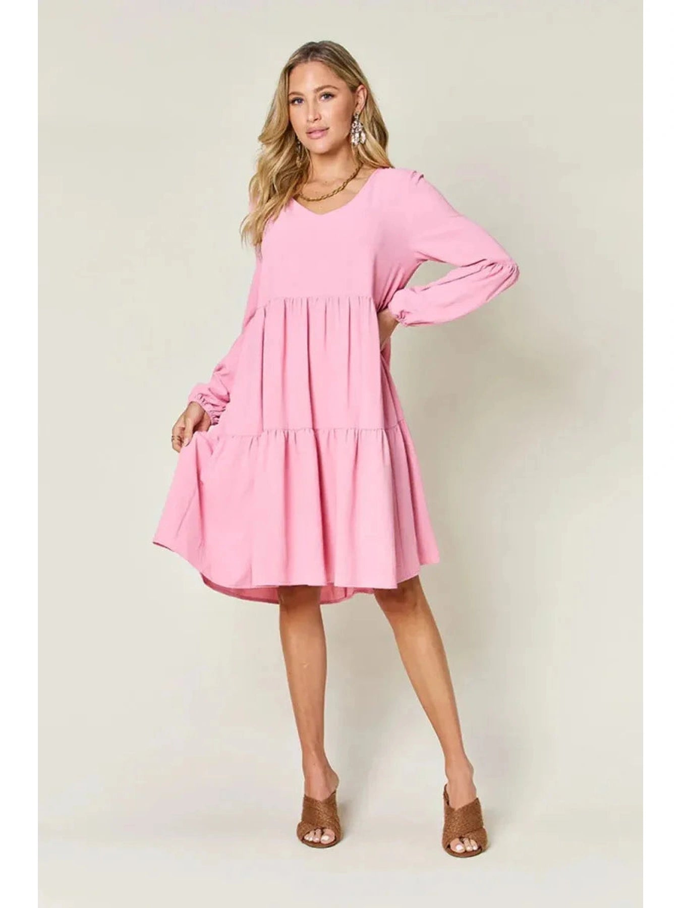 Double Take Full Size V-Neck Balloon Sleeve Tiered Dress with Pockets -- 