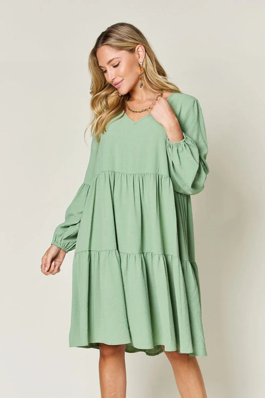 Double Take Full Size V - Neck Balloon Sleeve Tiered Dress with Pockets - Hopeford Streams
