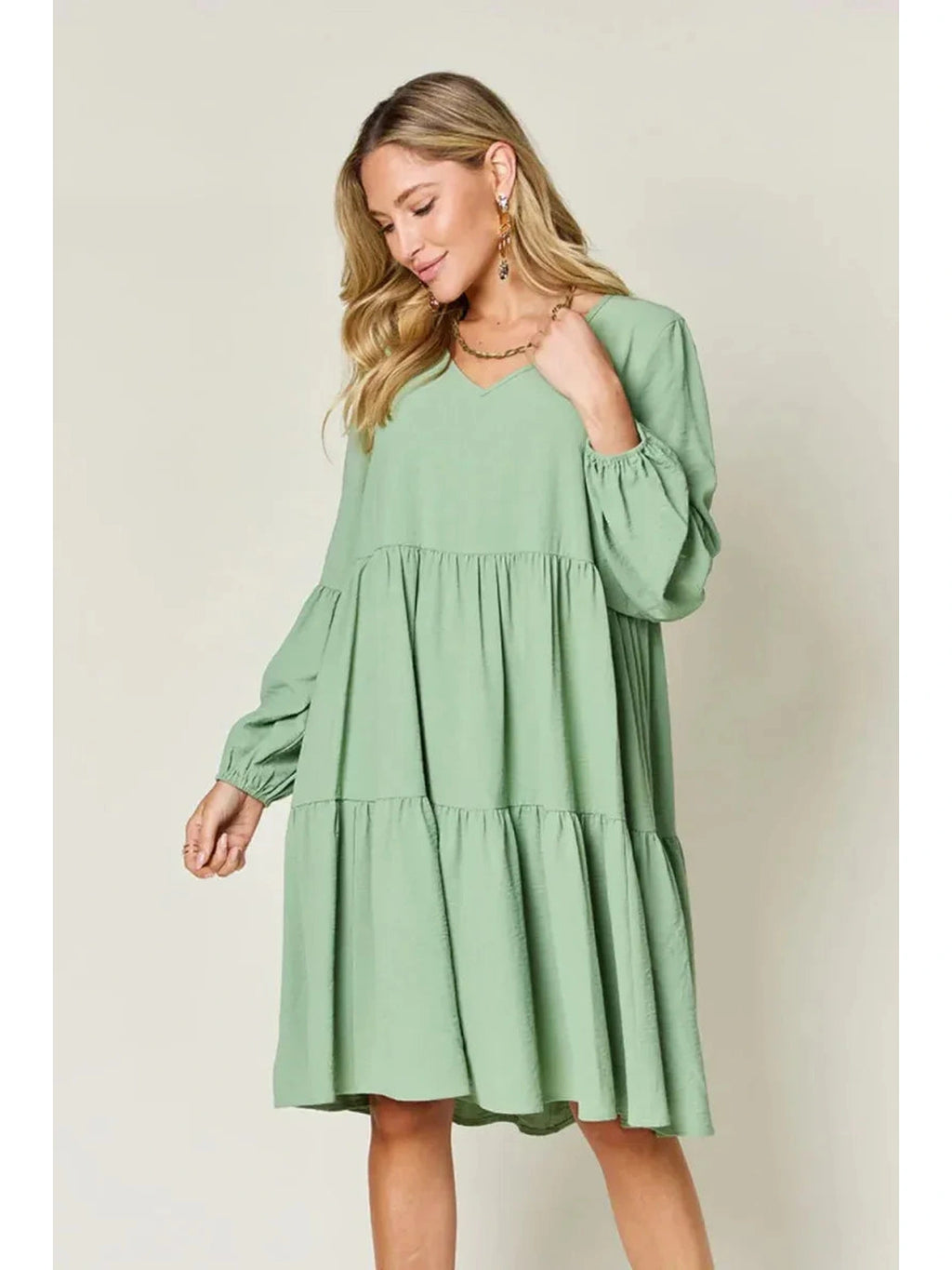 Double Take Full Size V-Neck Balloon Sleeve Tiered Dress with Pockets -- 