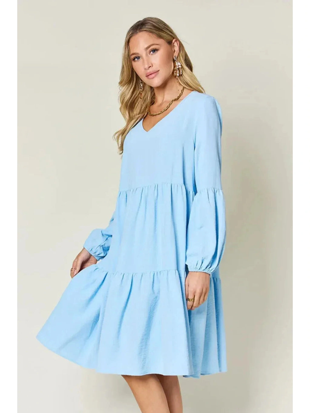 Double Take Full Size V-Neck Balloon Sleeve Tiered Dress with Pockets -- 