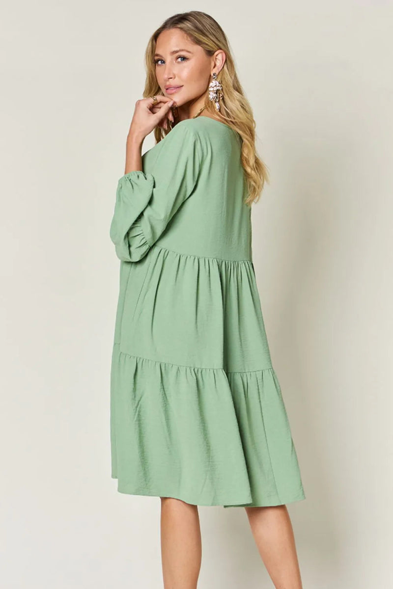 Double Take Full Size V - Neck Balloon Sleeve Tiered Dress with Pockets - Hopeford Streams
