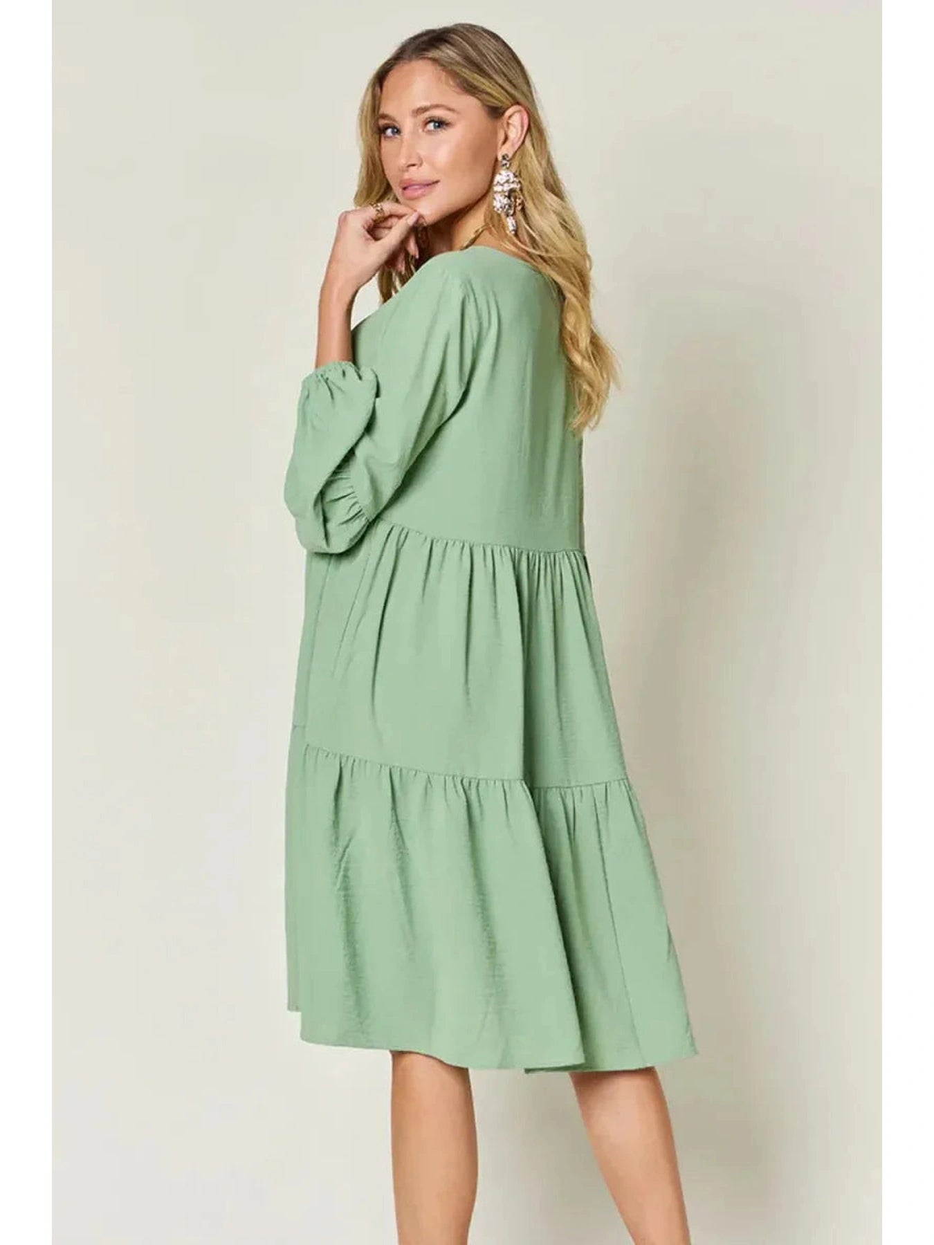 Double Take Full Size V-Neck Balloon Sleeve Tiered Dress with Pockets -- 