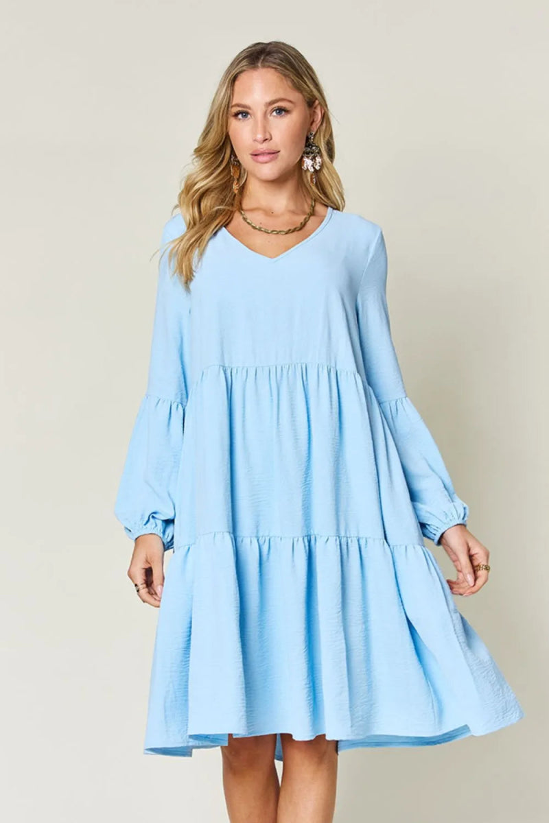 Double Take Full Size V - Neck Balloon Sleeve Tiered Dress with Pockets - Hopeford Streams