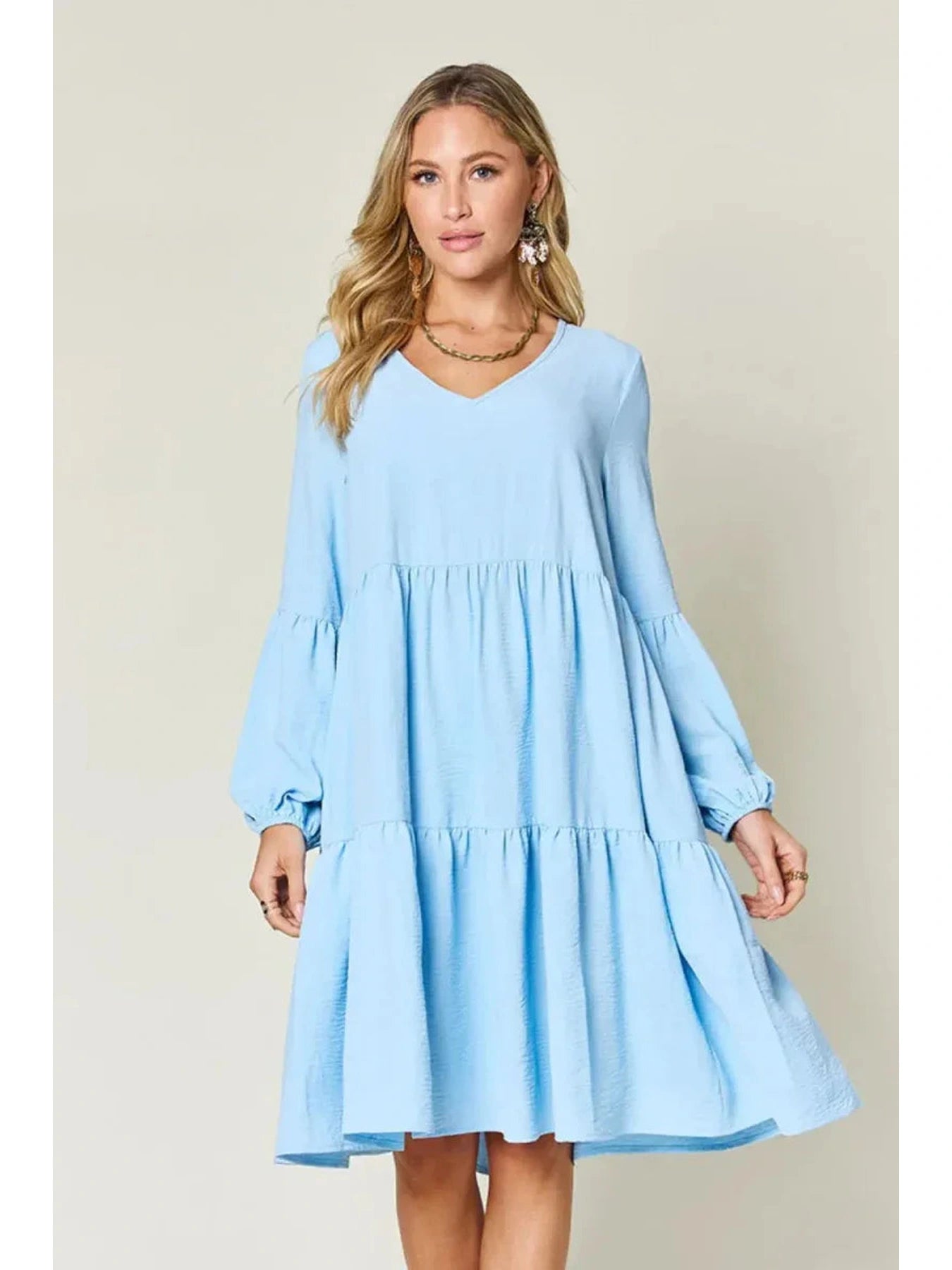 Double Take Full Size V-Neck Balloon Sleeve Tiered Dress with Pockets -- 