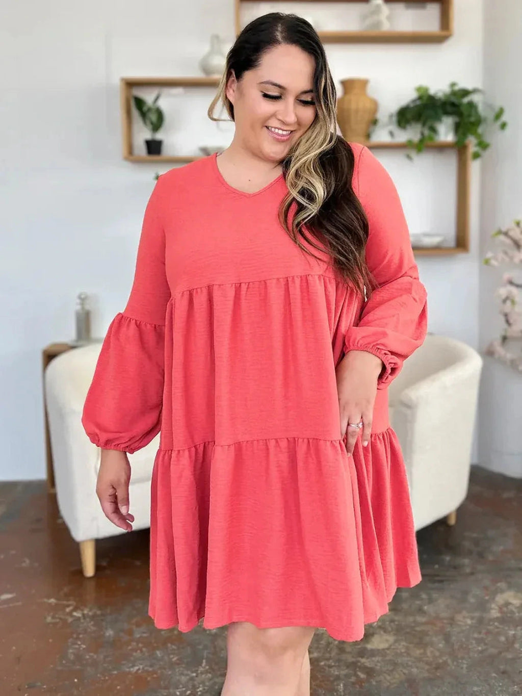 Double Take Full Size V-Neck Balloon Sleeve Tiered Dress with Pockets -- 
