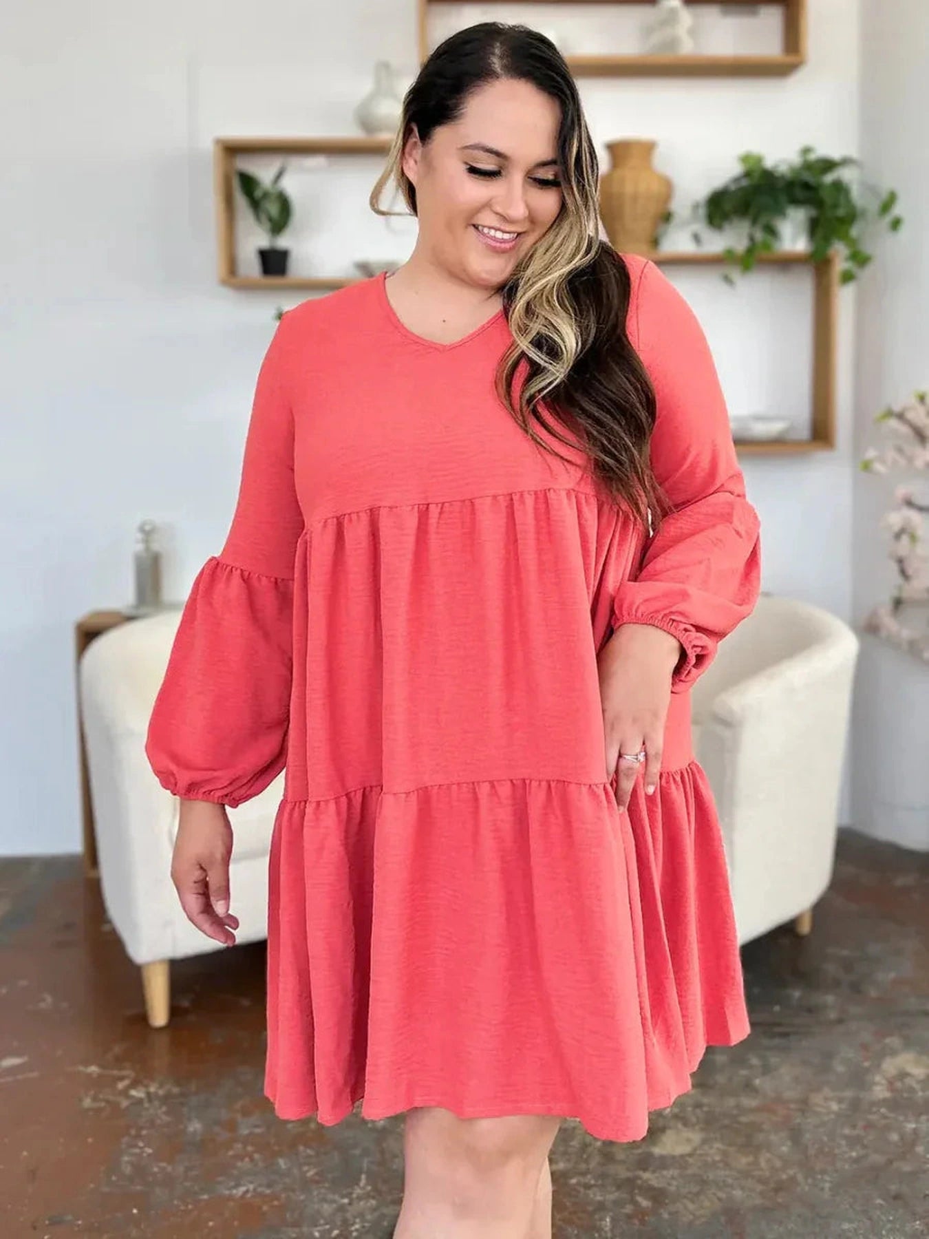 Double Take Full Size V-Neck Balloon Sleeve Tiered Dress with Pockets -- 