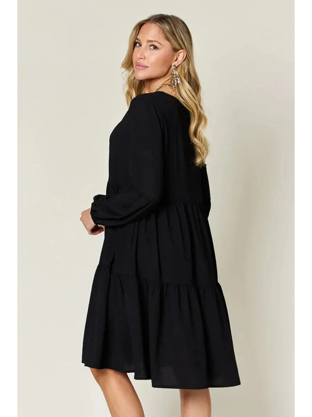 Double Take Full Size V-Neck Balloon Sleeve Tiered Dress with Pockets -- 