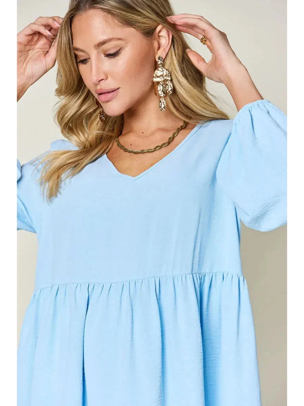 Double Take Full Size V-Neck Balloon Sleeve Tiered Dress with Pockets -- 
