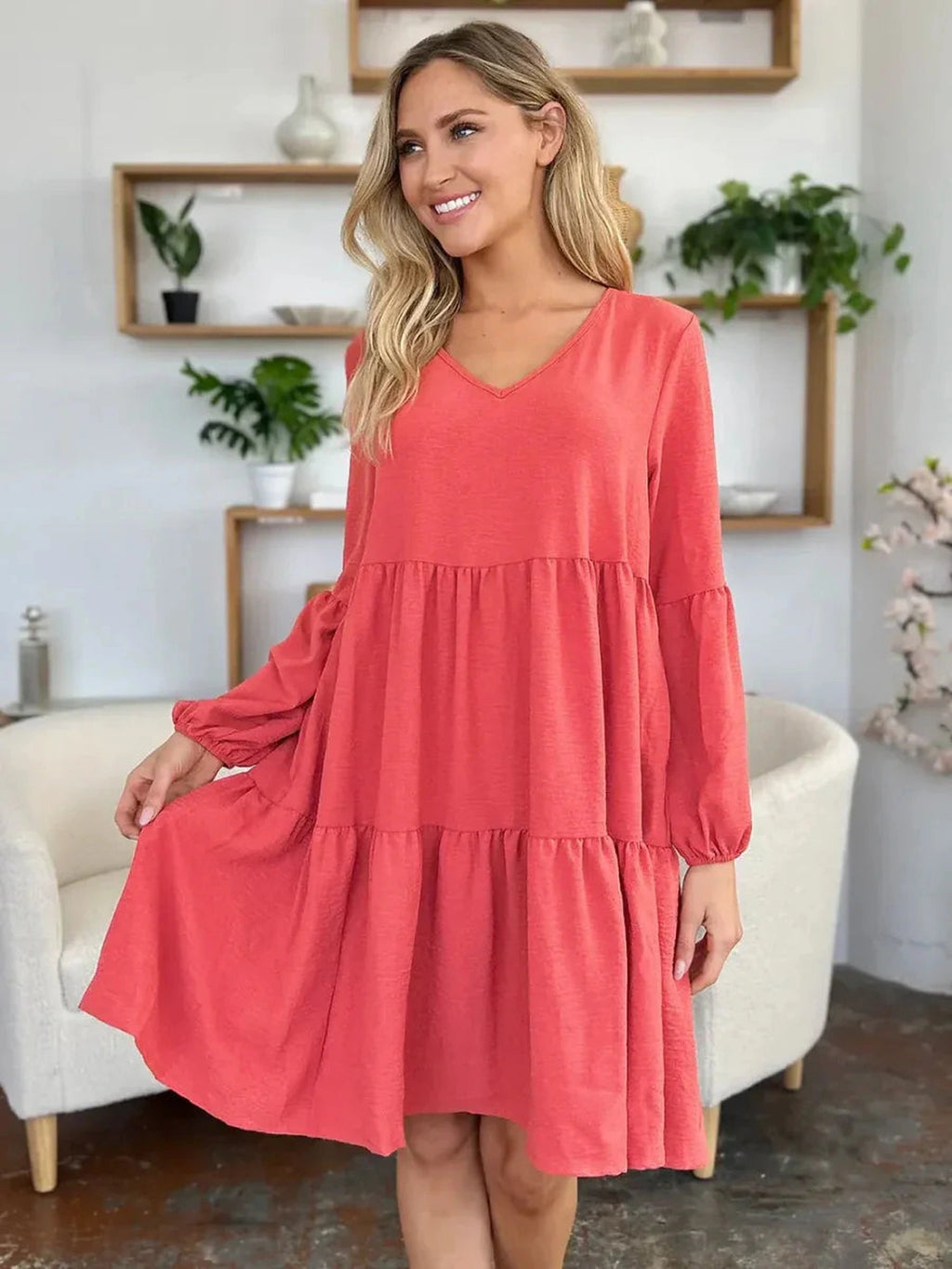 Double Take Full Size V-Neck Balloon Sleeve Tiered Dress with Pockets -- 