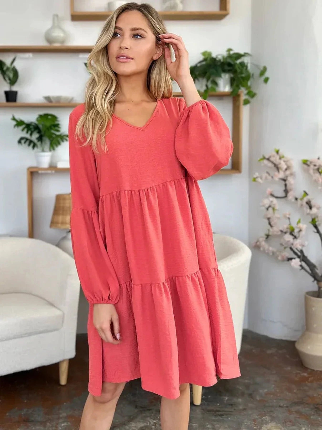 Double Take Full Size V-Neck Balloon Sleeve Tiered Dress with Pockets -- 
