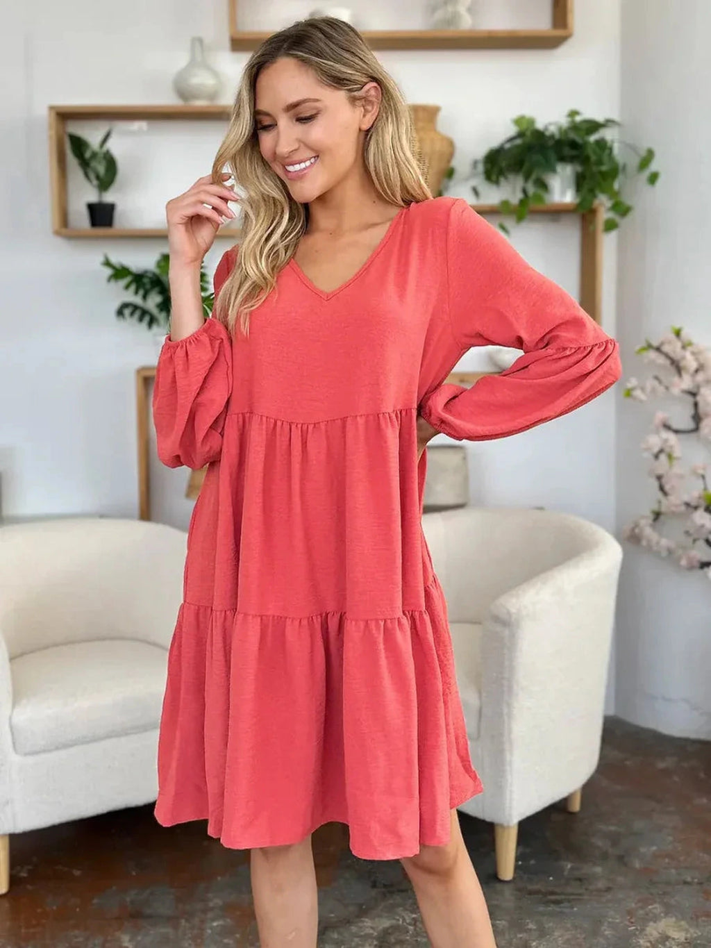 Double Take Full Size V-Neck Balloon Sleeve Tiered Dress with Pockets -- 
