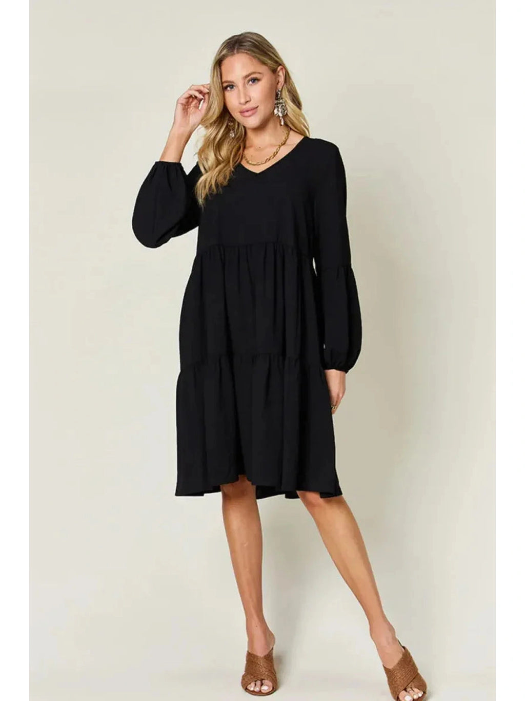 Double Take Full Size V-Neck Balloon Sleeve Tiered Dress with Pockets -- 