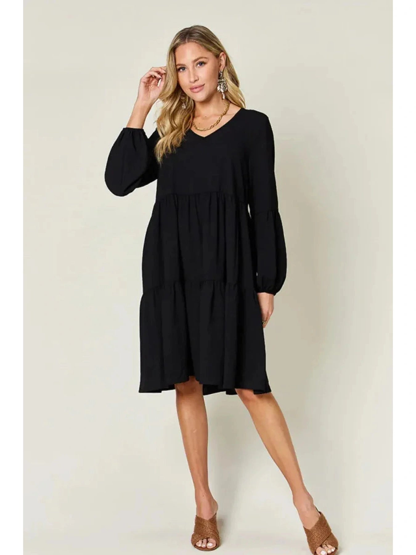 Double Take Full Size V-Neck Balloon Sleeve Tiered Dress with Pockets -- 