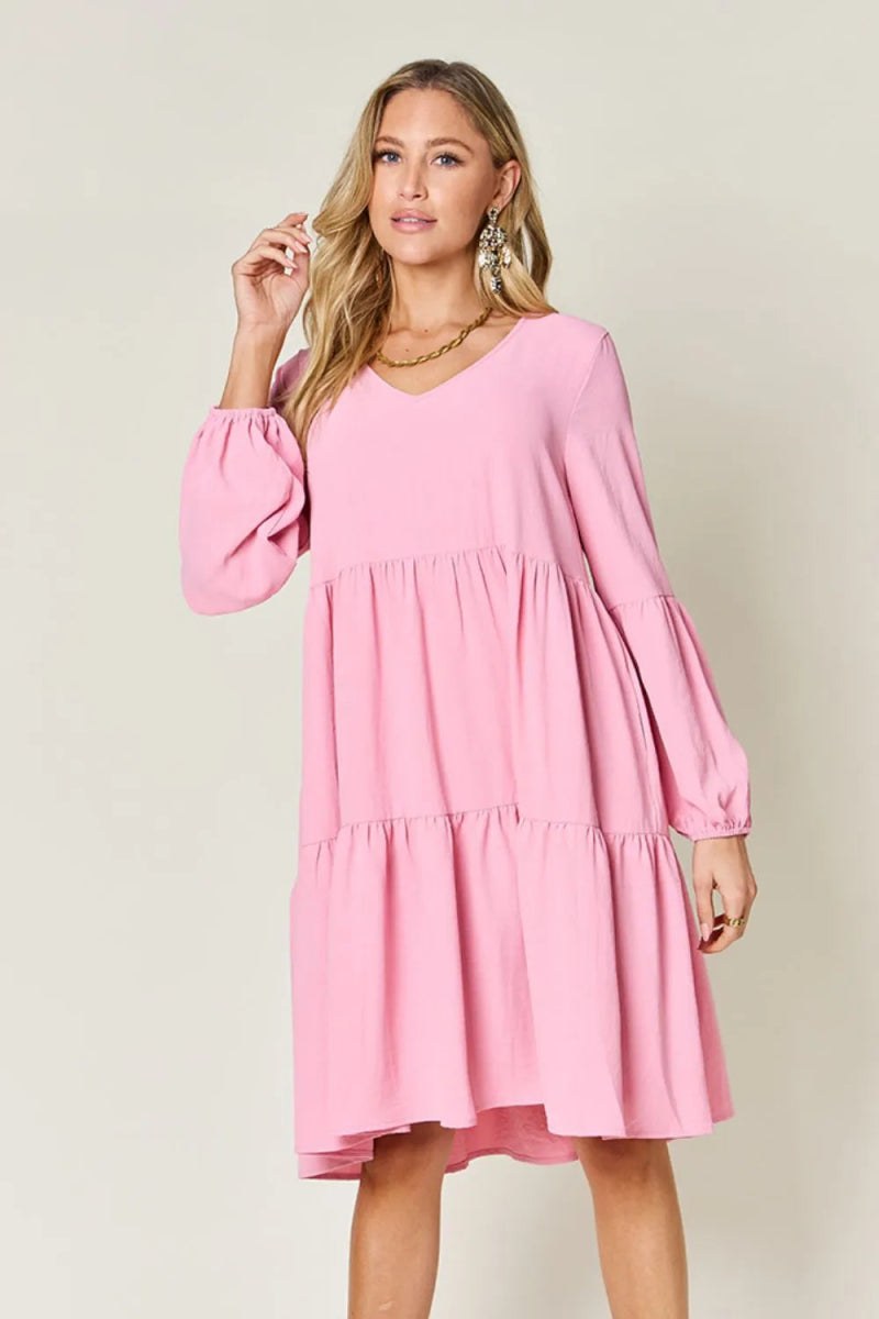 Double Take Full Size V - Neck Balloon Sleeve Tiered Dress with Pockets - Hopeford Streams