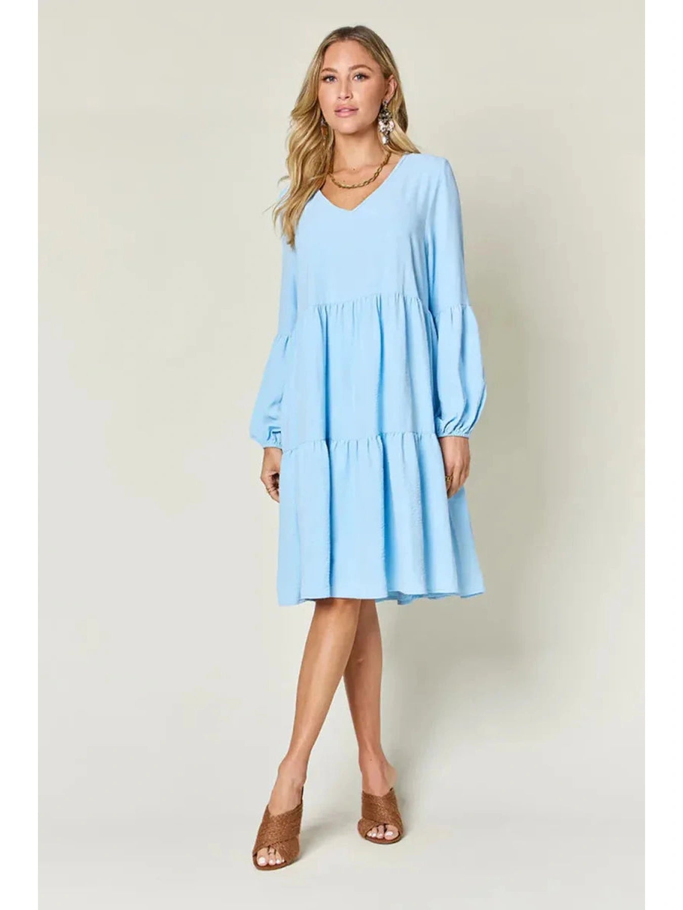 Double Take Full Size V-Neck Balloon Sleeve Tiered Dress with Pockets -- 