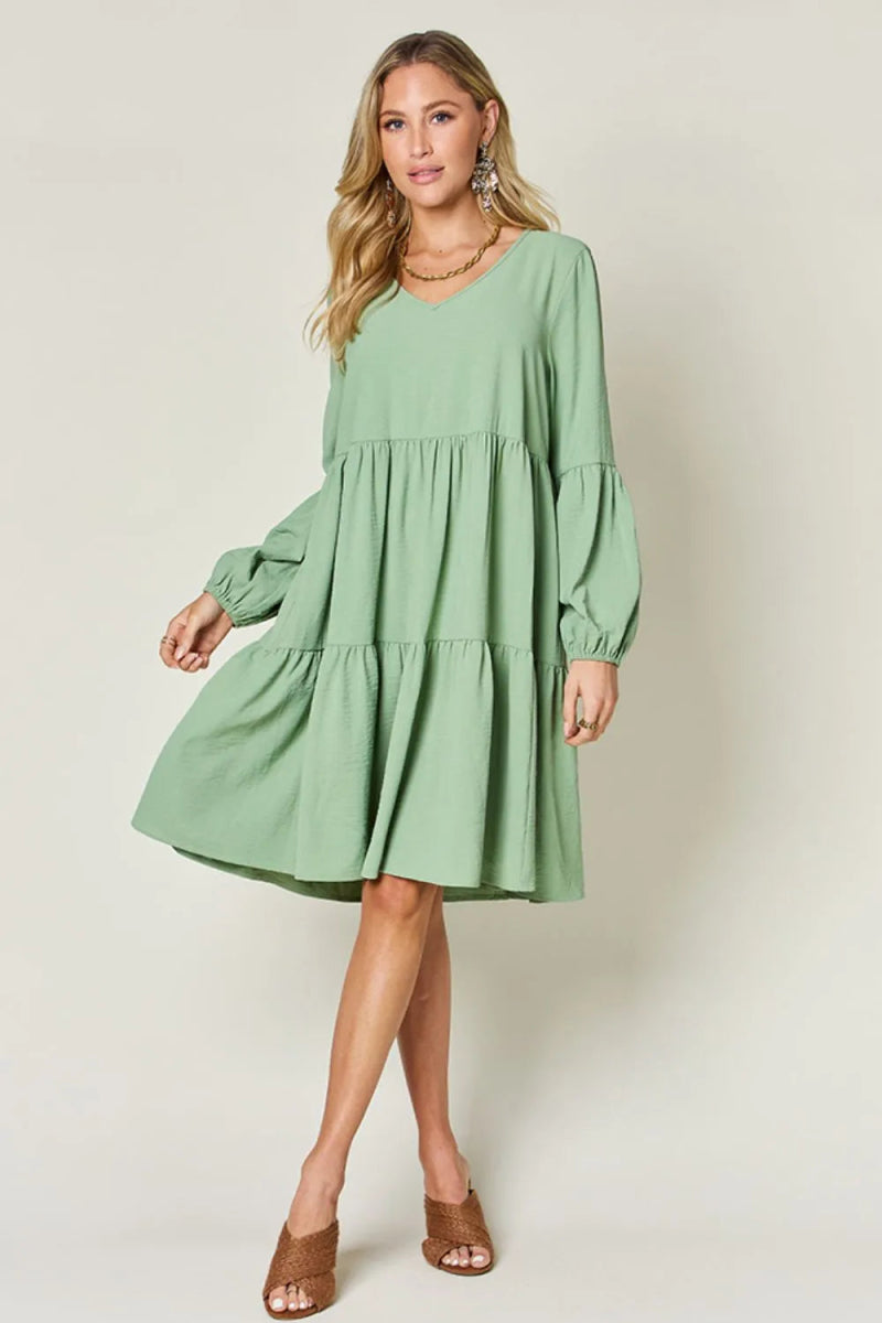 Double Take Full Size V - Neck Balloon Sleeve Tiered Dress with Pockets - Hopeford Streams