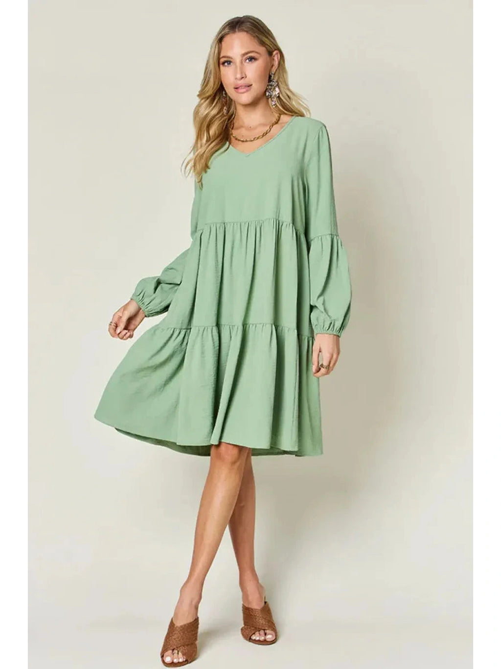 Double Take Full Size V-Neck Balloon Sleeve Tiered Dress with Pockets -- 