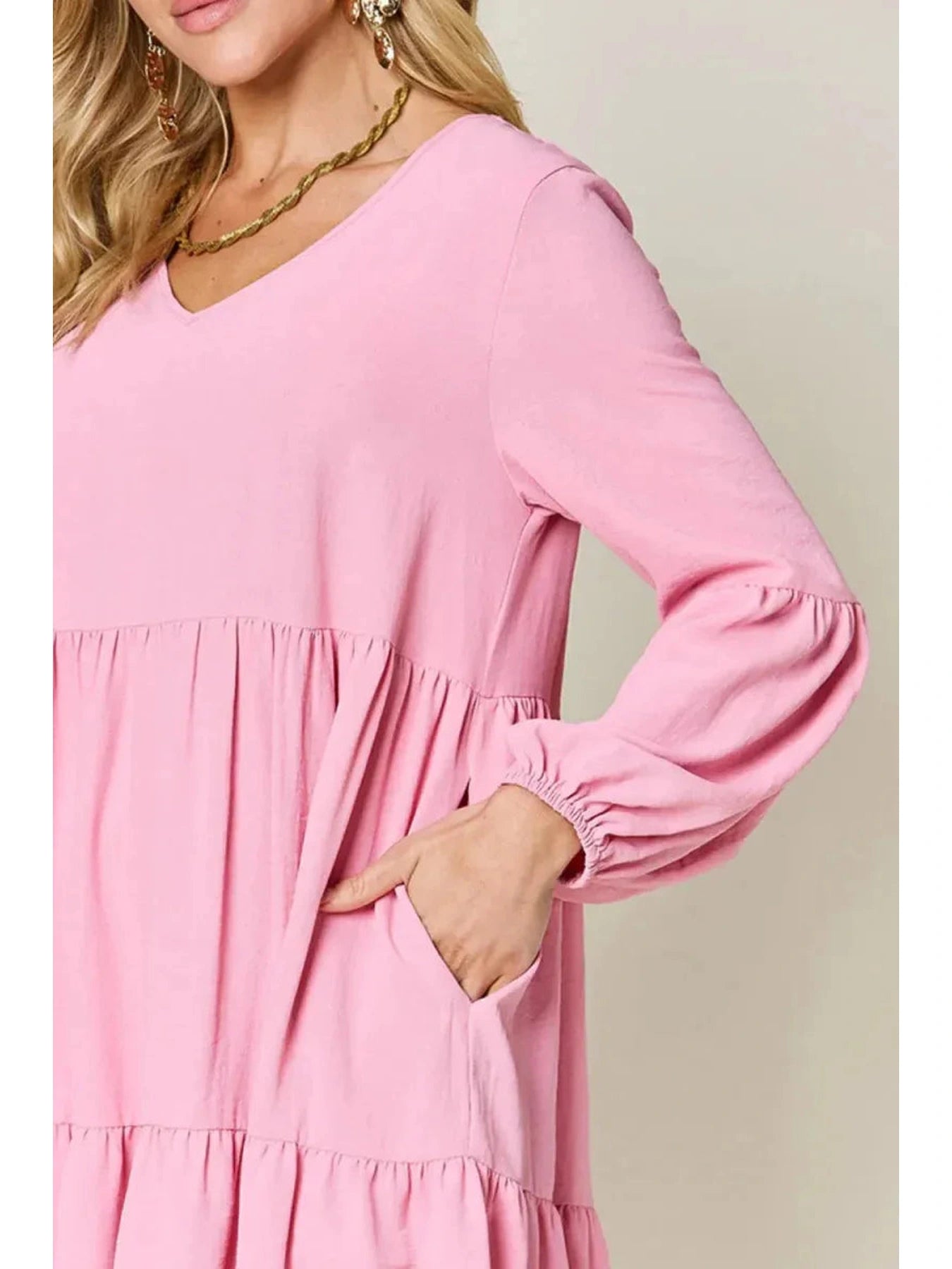 Double Take Full Size V-Neck Balloon Sleeve Tiered Dress with Pockets -- 