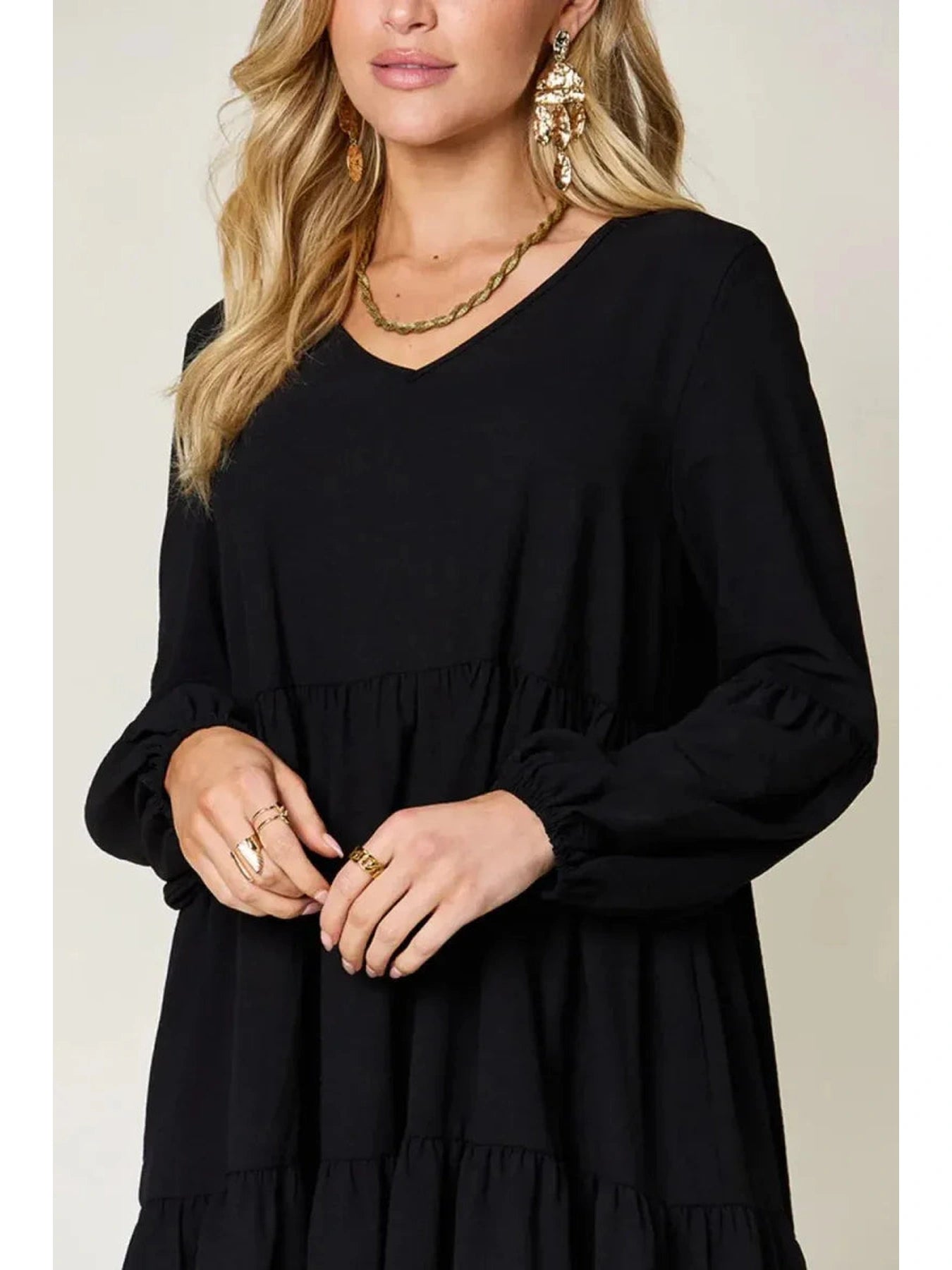 Double Take Full Size V-Neck Balloon Sleeve Tiered Dress with Pockets -- 