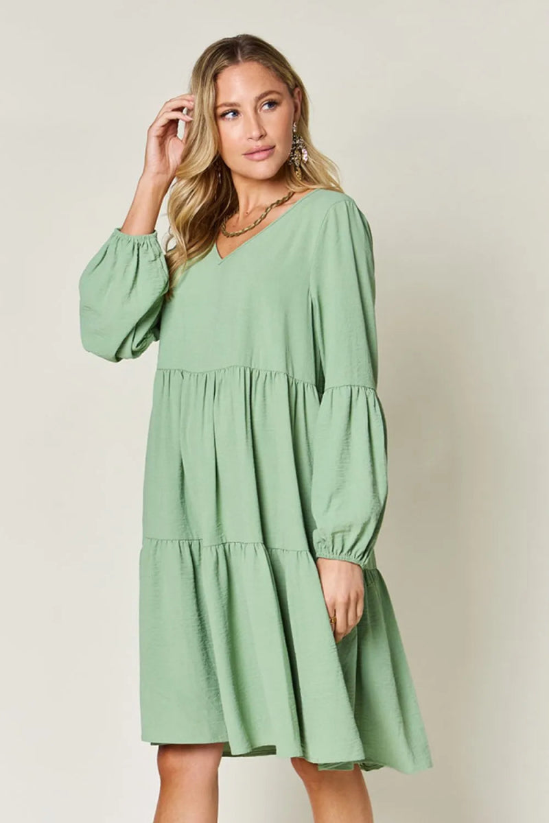 Double Take Full Size V - Neck Balloon Sleeve Tiered Dress with Pockets - Hopeford Streams