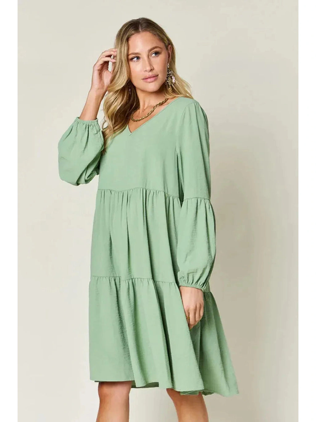 Double Take Full Size V-Neck Balloon Sleeve Tiered Dress with Pockets -- 