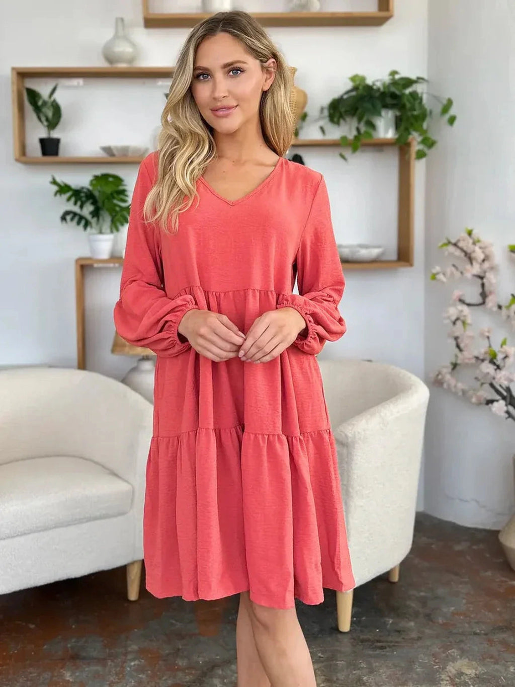 Double Take Full Size V-Neck Balloon Sleeve Tiered Dress with Pockets -- 