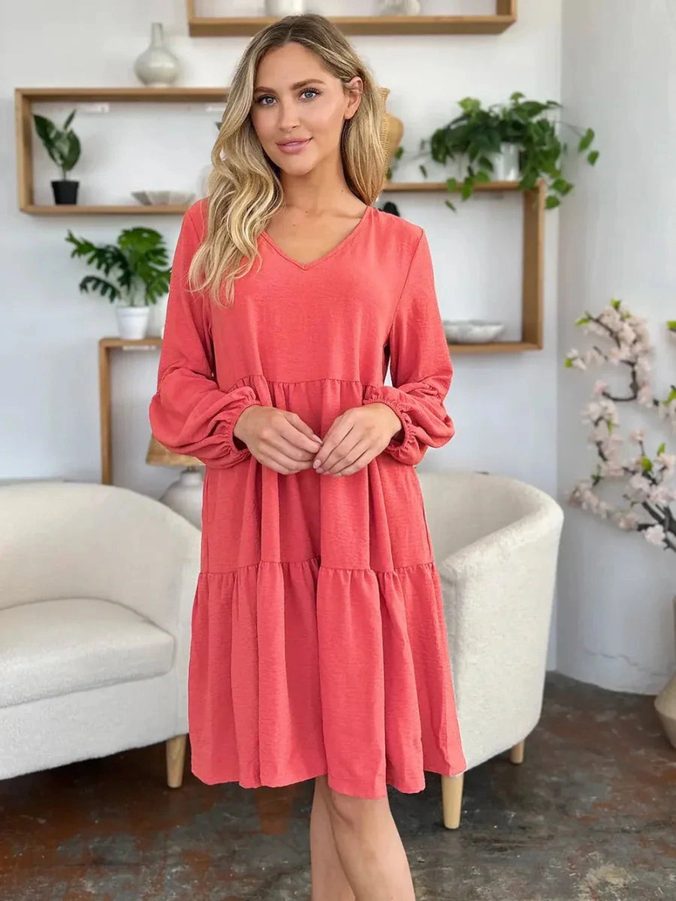 Double Take Full Size V-Neck Balloon Sleeve Tiered Dress with Pockets -- 