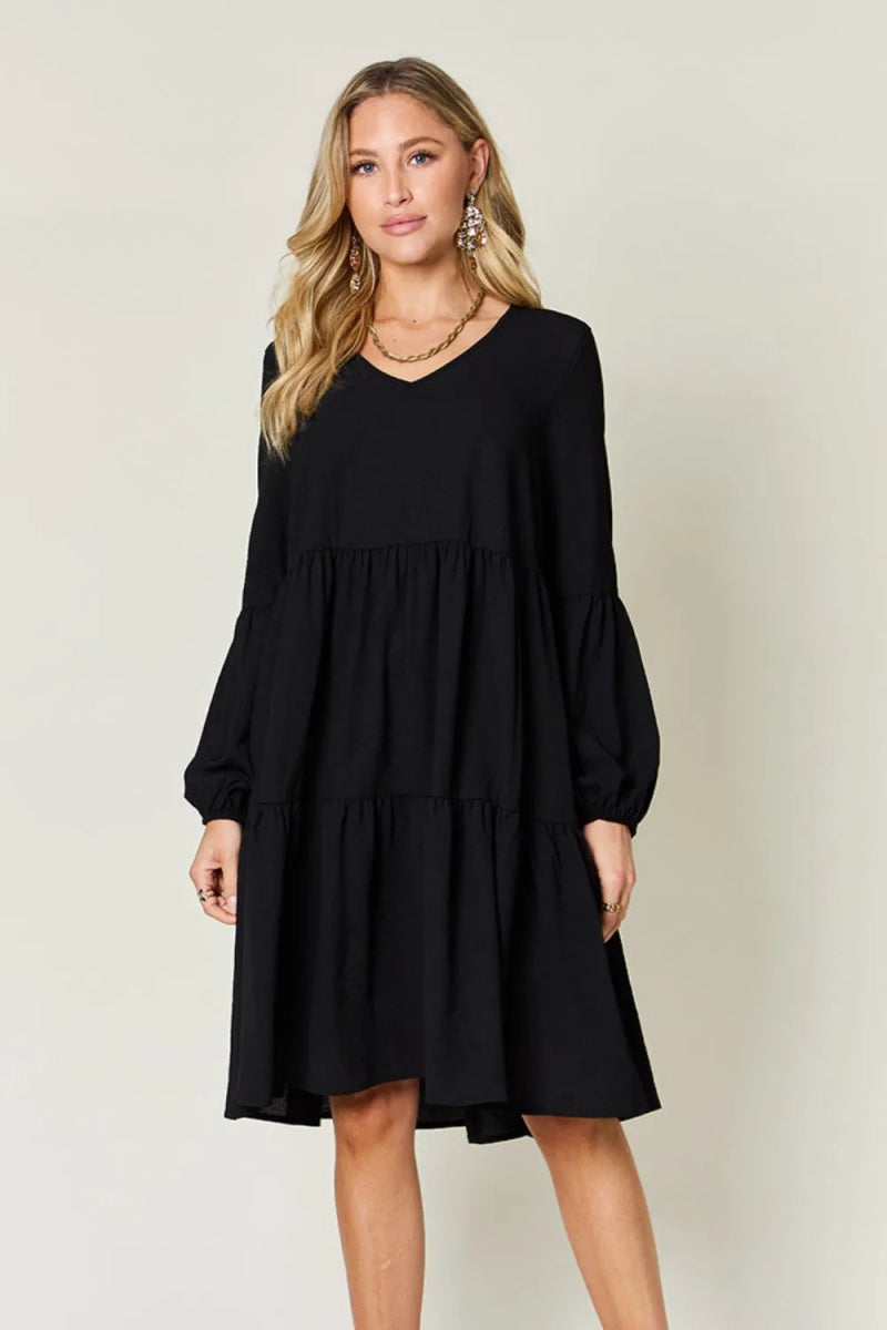 Double Take Full Size V - Neck Balloon Sleeve Tiered Dress with Pockets - Hopeford Streams