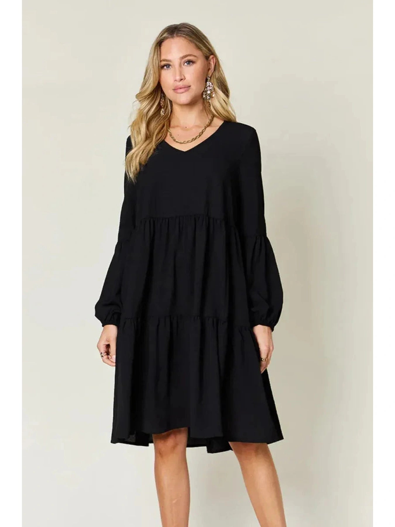 Double Take Full Size V-Neck Balloon Sleeve Tiered Dress with Pockets -- 