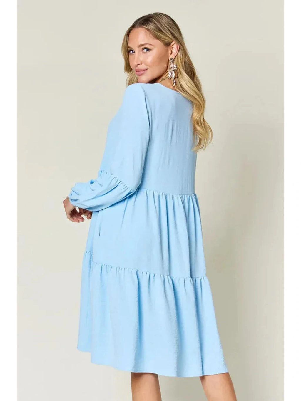 Double Take Full Size V-Neck Balloon Sleeve Tiered Dress with Pockets -- 