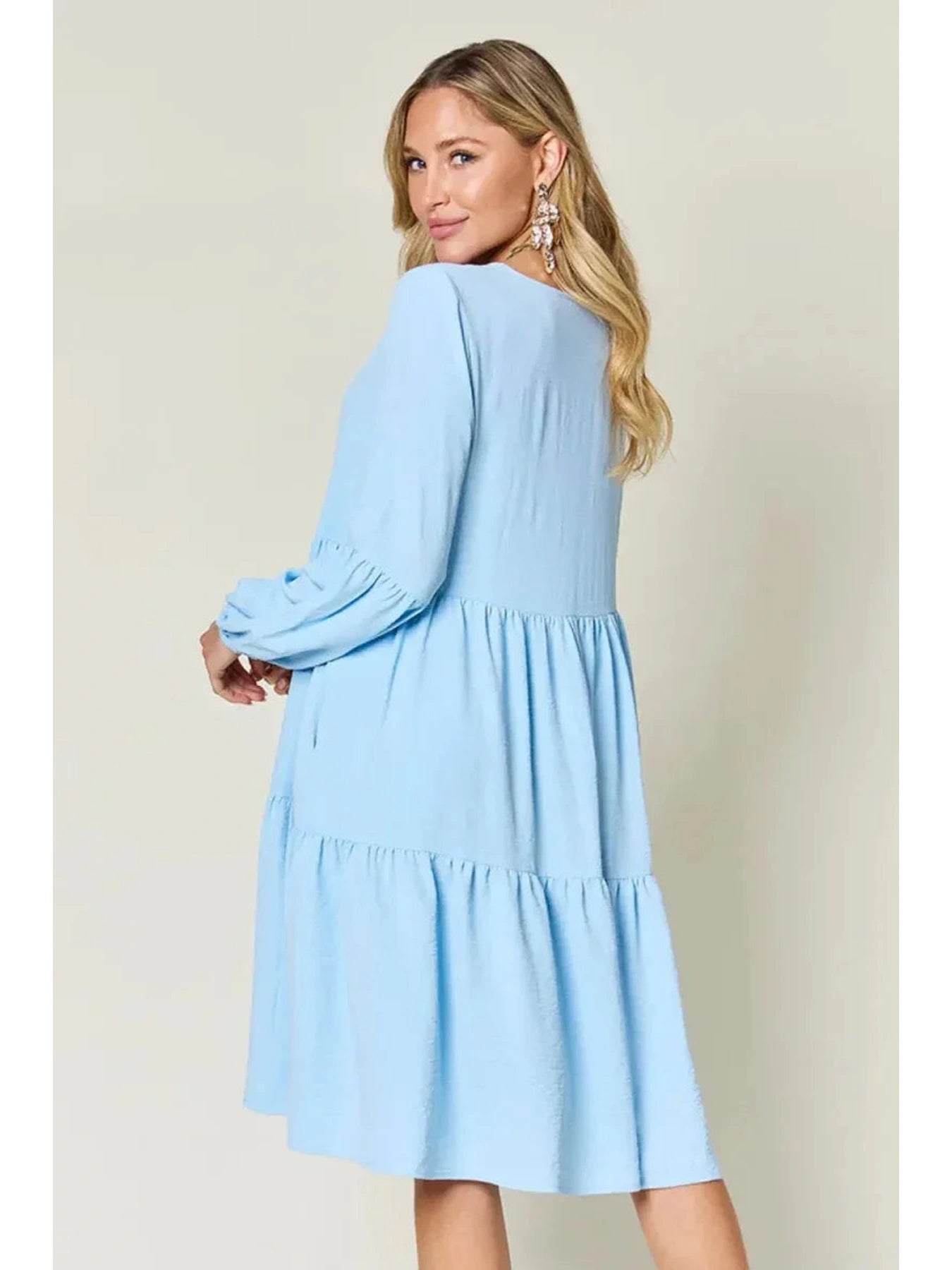 Double Take Full Size V-Neck Balloon Sleeve Tiered Dress with Pockets -- 