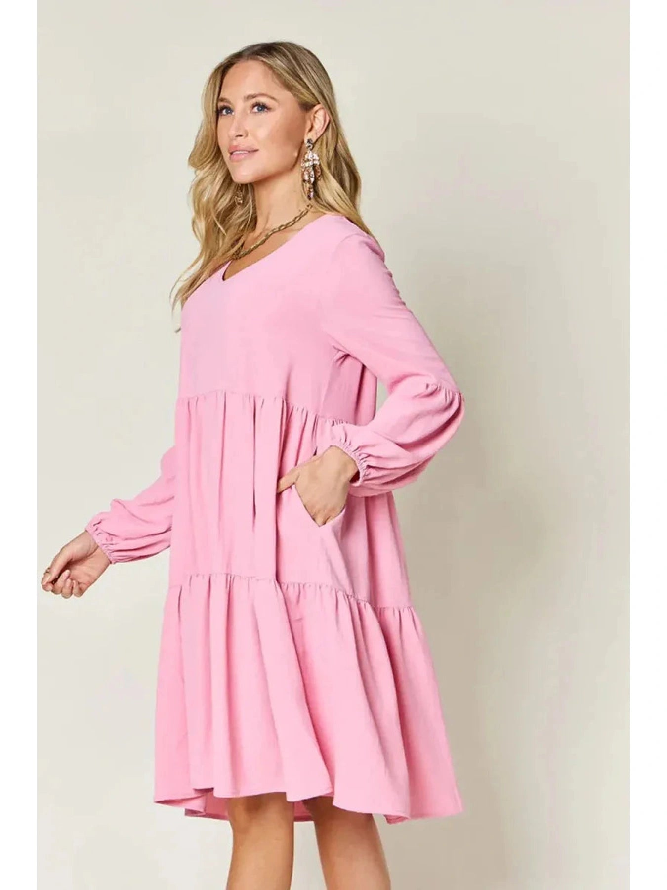 Double Take Full Size V-Neck Balloon Sleeve Tiered Dress with Pockets -- 