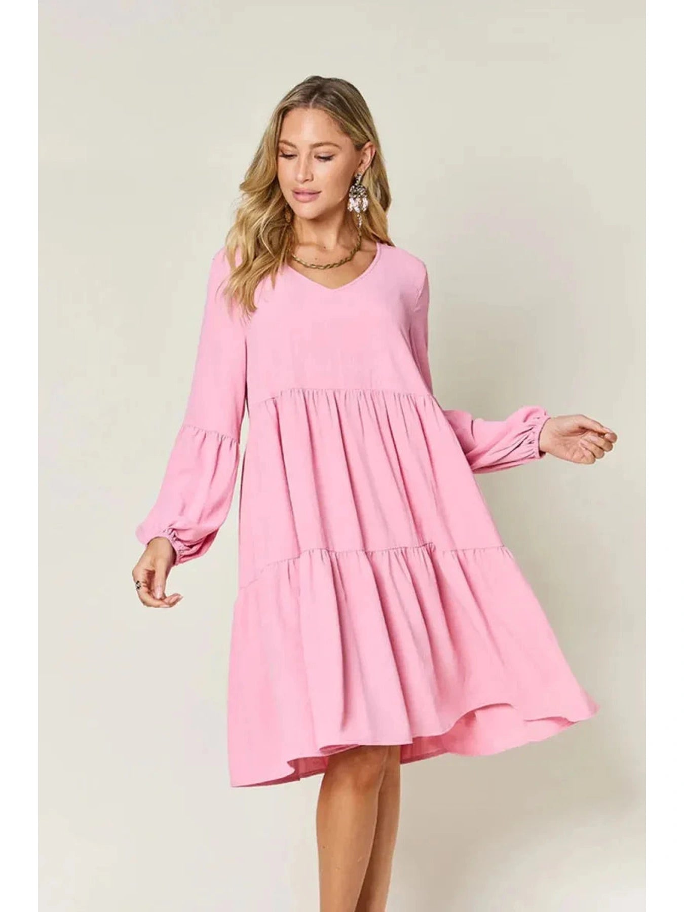Double Take Full Size V-Neck Balloon Sleeve Tiered Dress with Pockets -- 