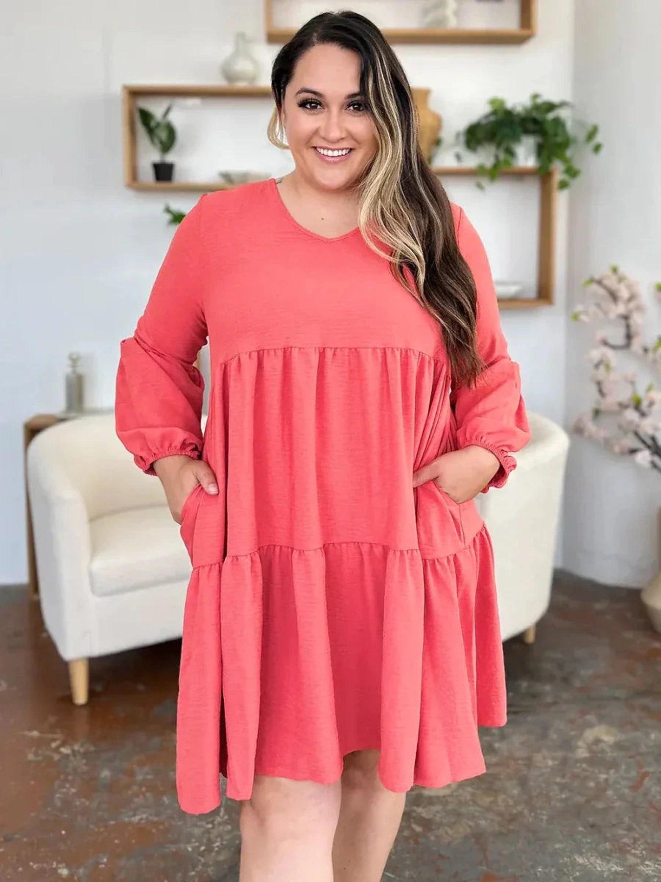 Double Take Full Size V-Neck Balloon Sleeve Tiered Dress with Pockets -- 