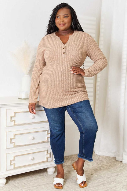 Double Take Notched Neck Ribbed Long Sleeve T-Shirt - Hopeford Streams