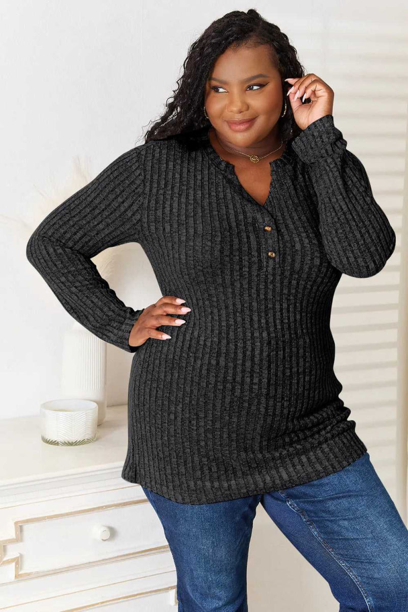 Double Take Notched Neck Ribbed Long Sleeve T-Shirt - Hopeford Streams