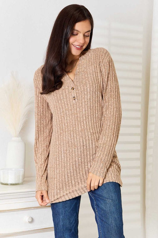 Double Take Notched Neck Ribbed Long Sleeve T-Shirt - Hopeford Streams