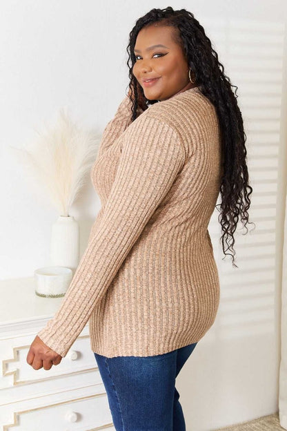 Double Take Notched Neck Ribbed Long Sleeve T-Shirt - Hopeford Streams