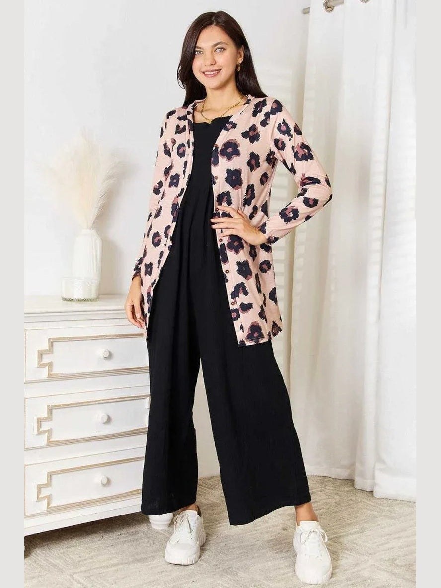 Double Take Printed Button Front Longline Cardigan -- 